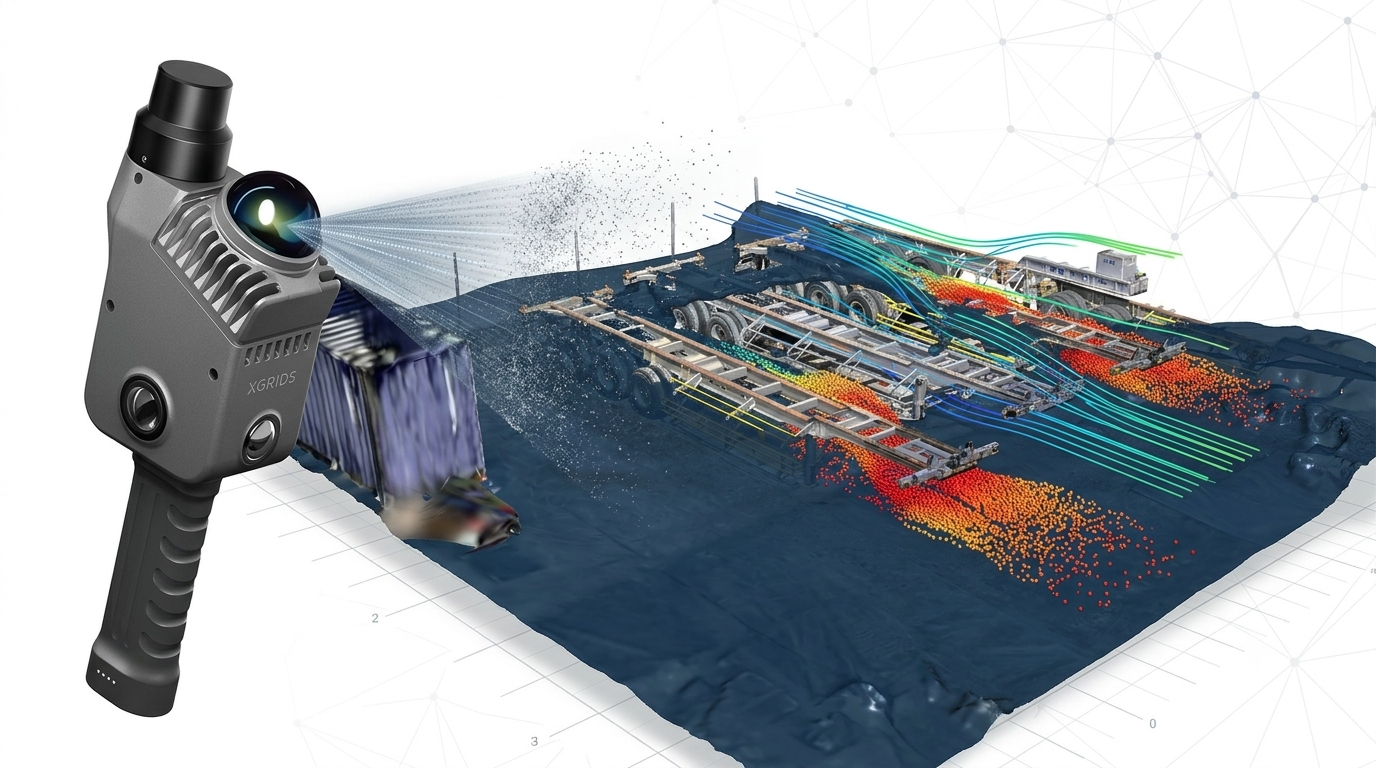 XGRIDS 3Dスキャナでスキャンした空間に物理シミュレーションを適用するイメージ