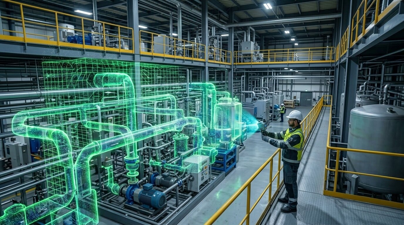工場の配管設備をハンディ3Dスキャナーで撮影し、設備形状を3Dデータ化するイメージ