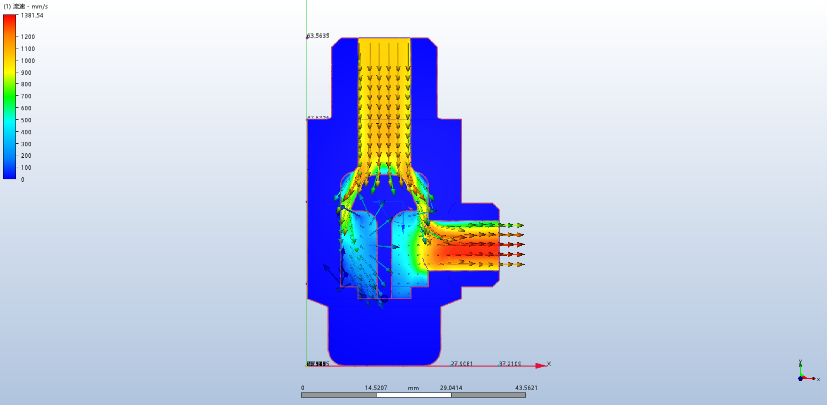 油圧バルブ内の水の流れ